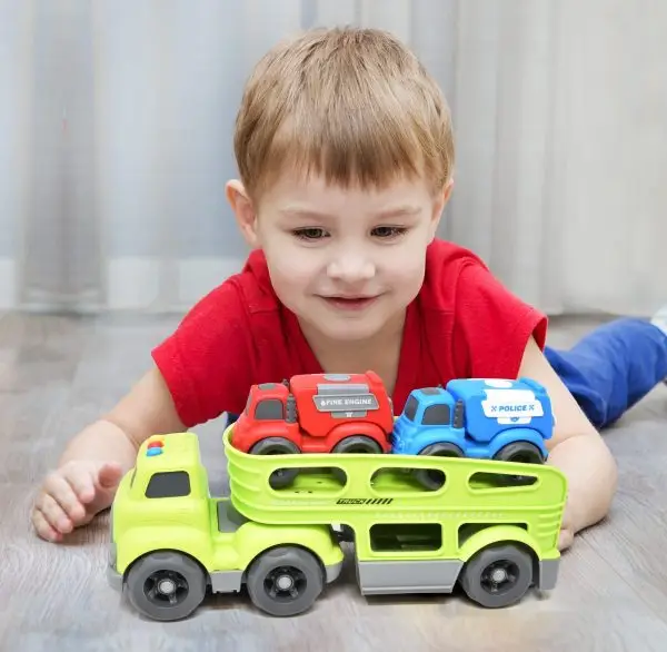 Kids' Transport Truck with Fire Engine & Police Car Toy Set - Image 2