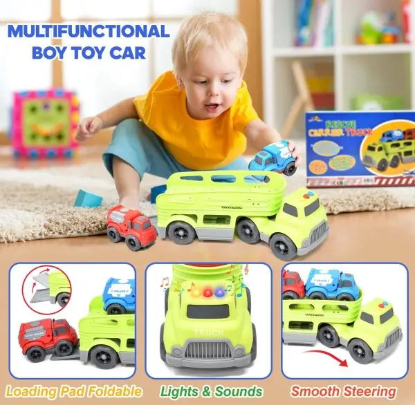 Kids' Transport Truck with Fire Engine & Police Car Toy Set - Image 3