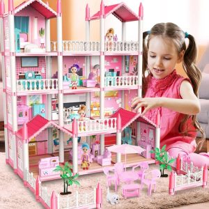 Multi-Story Pink Dollhouse with Furniture and Accessories