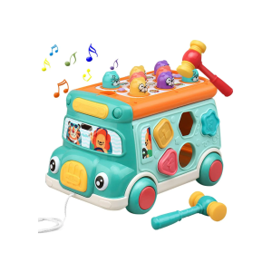 Multi-Functional Bus: 6-in-1 Baby Learning Toy with Whack-a-Mole, Music, Shape Sorter, and Gear Play