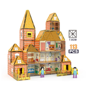 113-Piece Magnetic Brick Castle & Dollhouse Playset – STEM Learning Building Tiles with Figures