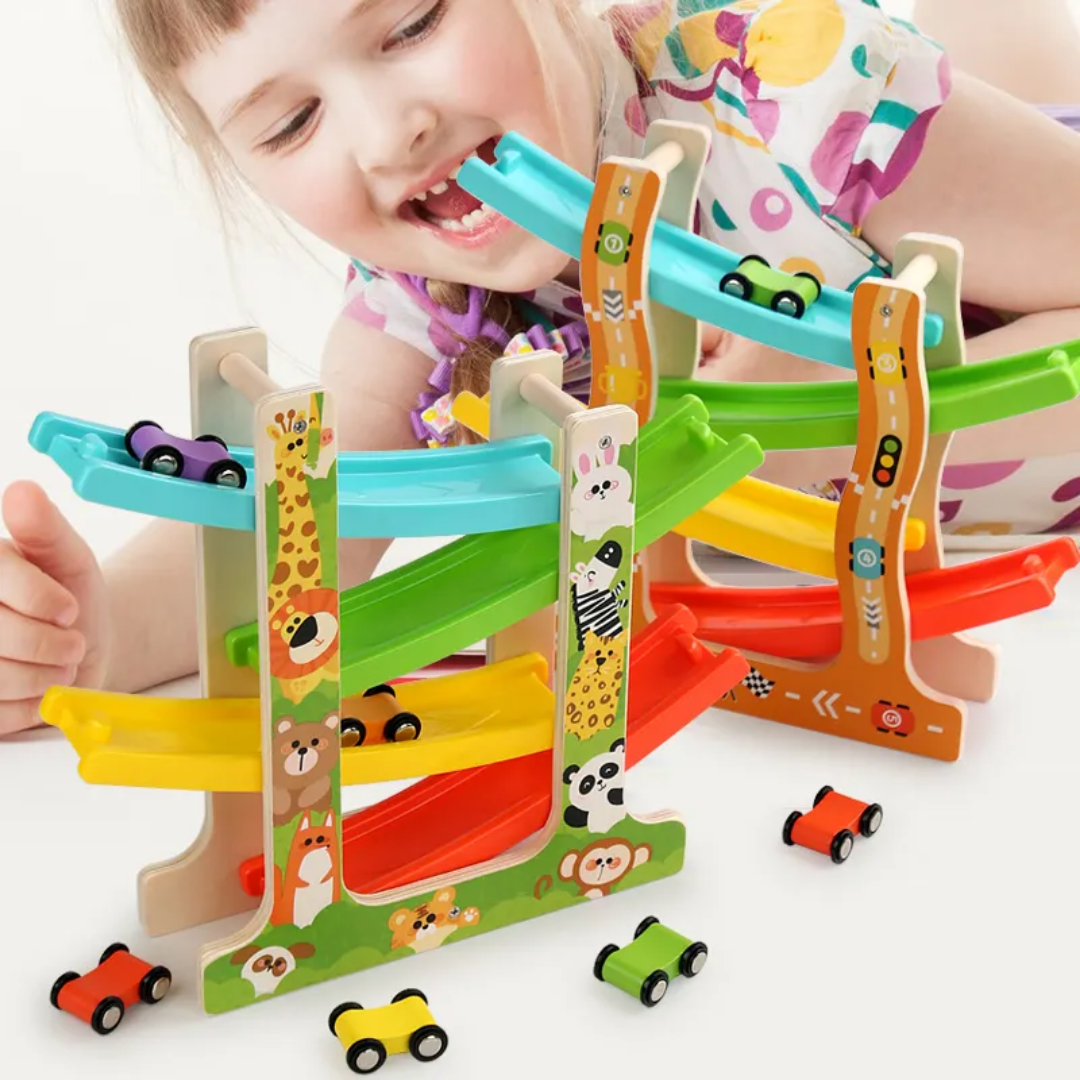 TotTrack™ Wooden Zig-Zag Car Ramp Racer – Interactive 4-Tier Gravity Glider - Image 3