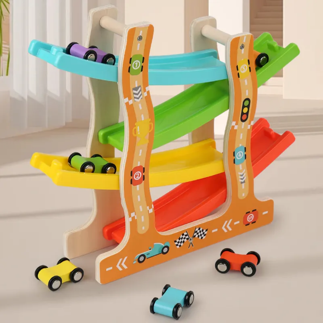 TotTrack™ Wooden Zig-Zag Car Ramp Racer – Interactive 4-Tier Gravity Glider - Image 2