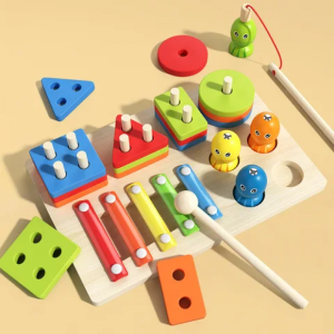 3-in-1 Wooden Activity Center: Xylophone, Shape Sorter & Magnetic Fishing Game