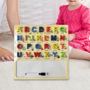 2-in-1 Wooden Alphabet Discovery Board – Chunky Letter Puzzle with Integrated Dry-Erase Whiteboard