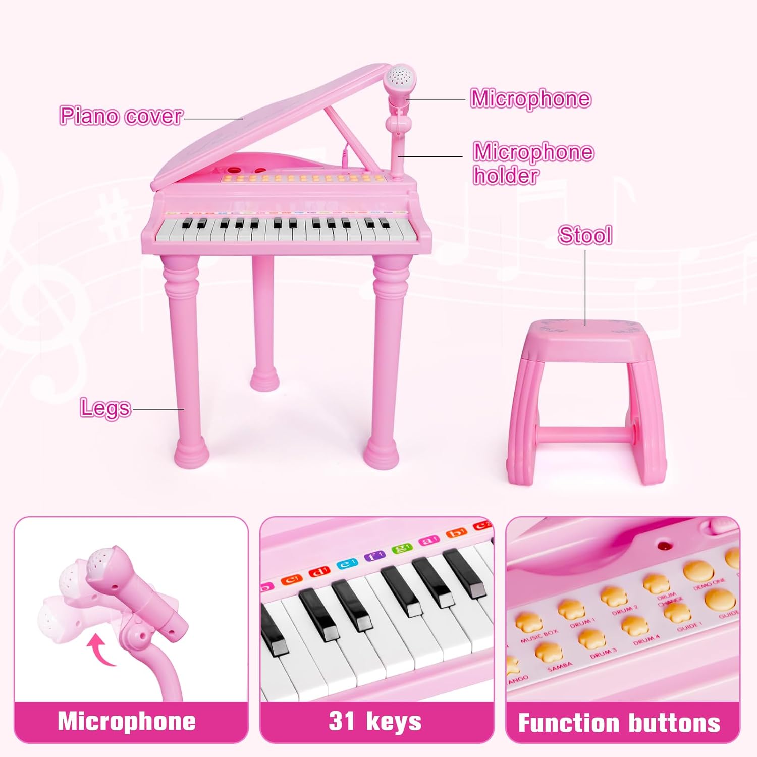 Musical Education Electronic Organ: Children's Grand Piano with Microphone and Chair Set - Image 7