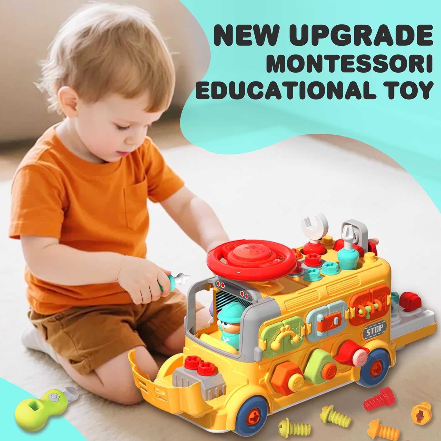 Little Builder's 5-in-1 Multifunctional Activity School Bus - Image 9